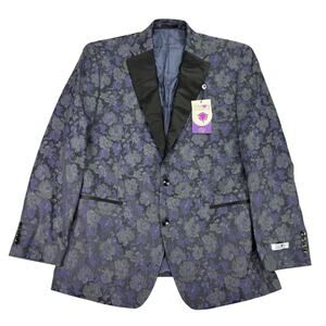 Tayion Mens Classic Fit Jacquard Floral Dinner Suit Jacket Gray Purple 44R